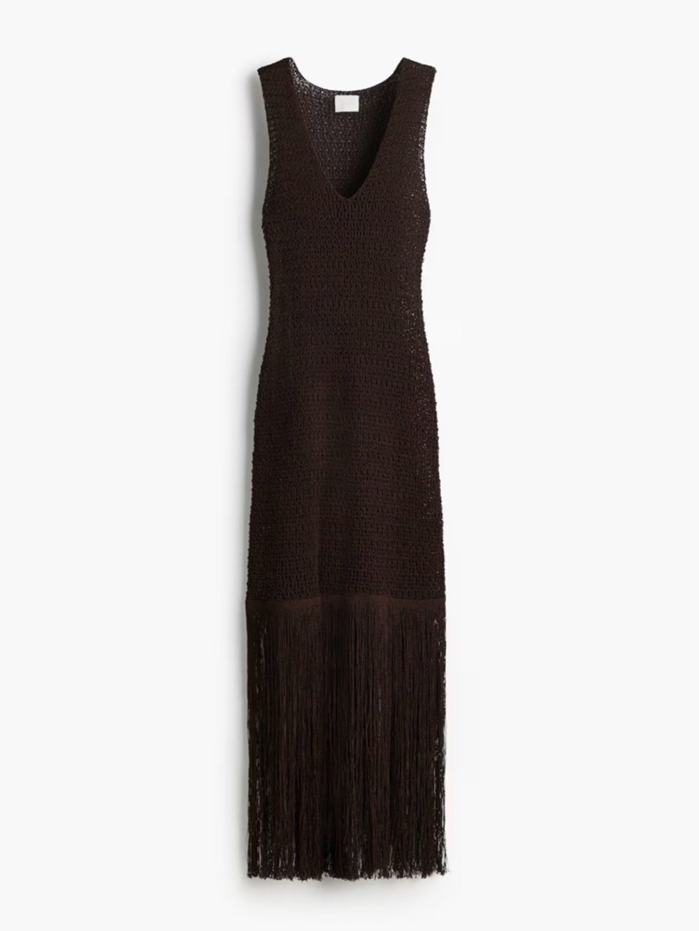 NWOT Sleeveless V-Neck Fringe Knit Maxi Dress - Dark Brown Cotton Blend